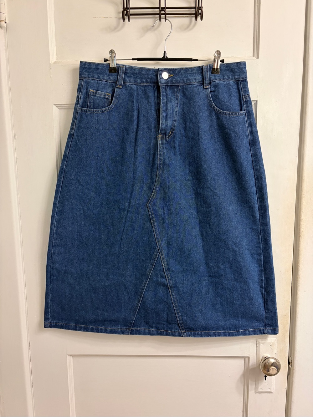 High-Rise Blue Denim Midi Skirt